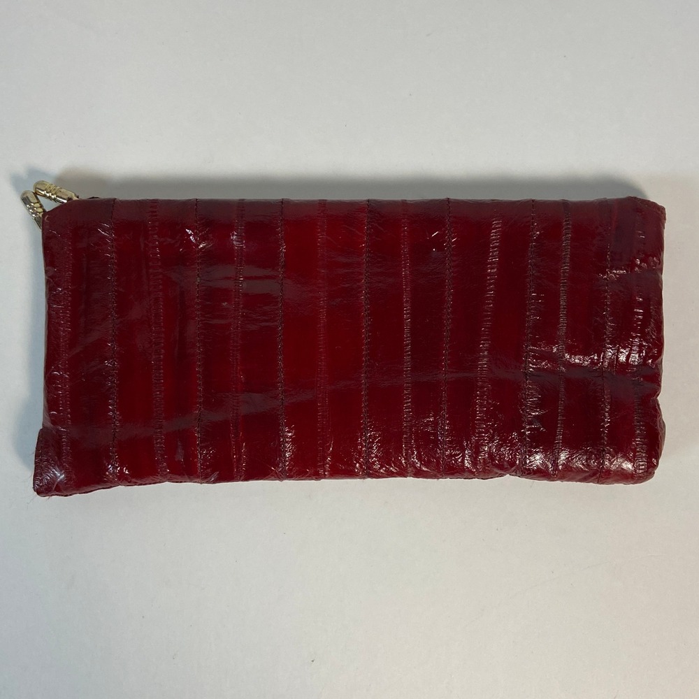 Vintage Burgundy Red Genuine Eel Skin Clutch Bag Kiss Lock Evening Purse Korea